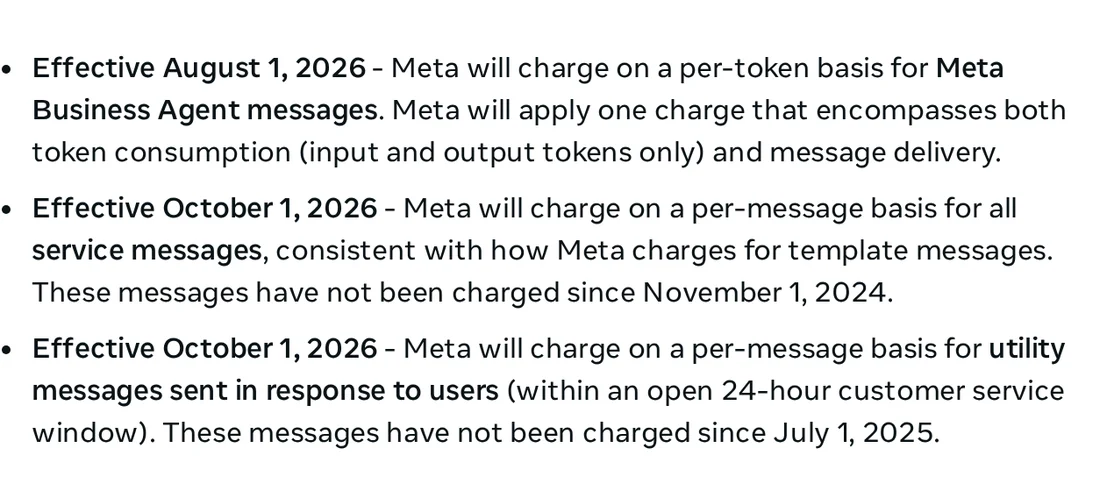 Captura de la documentación de Meta: a partir del 1 de octubre de 2026 se cobrará por mensaje todos los mensajes de servicio y los mensajes de utilidad enviados en respuesta dentro de la ventana de 24 horas