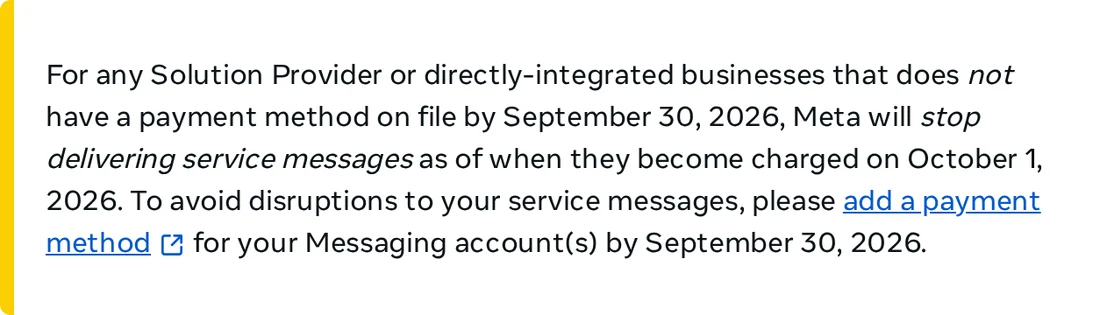 Captura de la documentación de Meta sobre la obligación de tener un método de pago registrado antes del 30 de septiembre de 2026