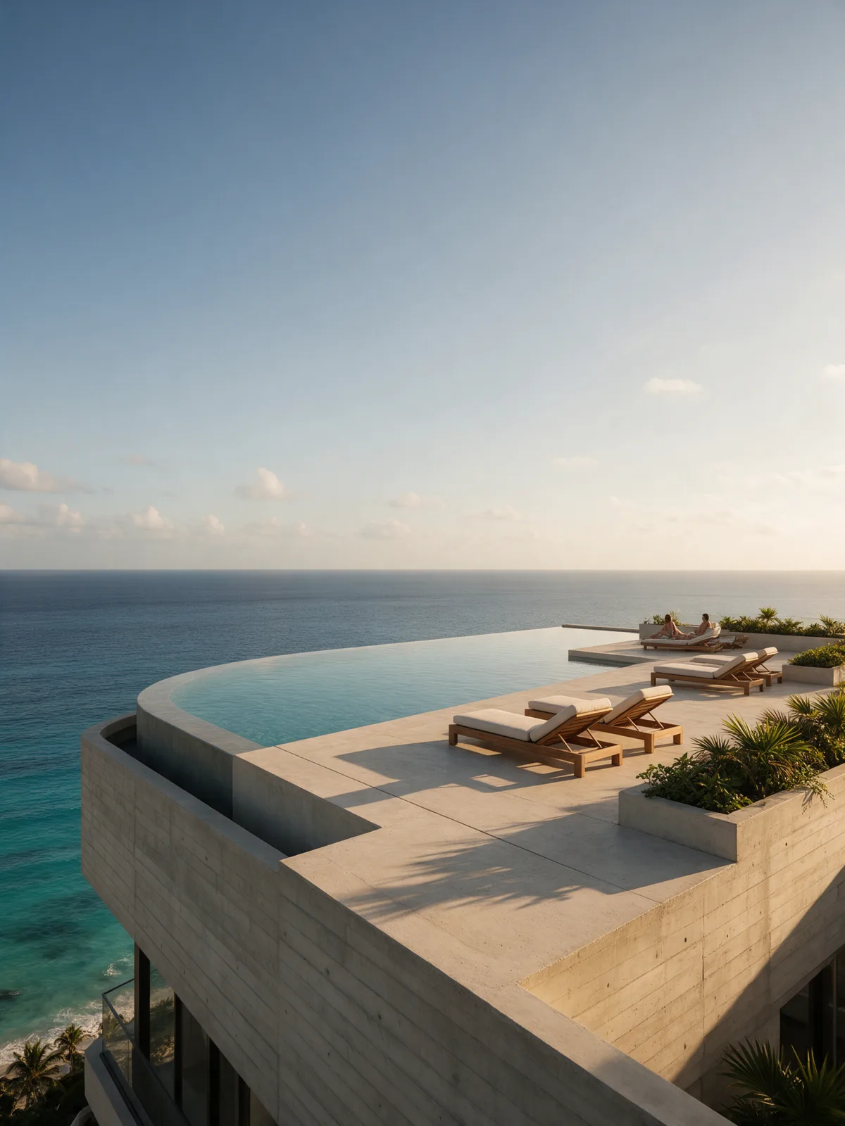Piscina de borde infinito en la terraza de la cubierta, con asoleadoras de madera y vista al mar al atardecer.
