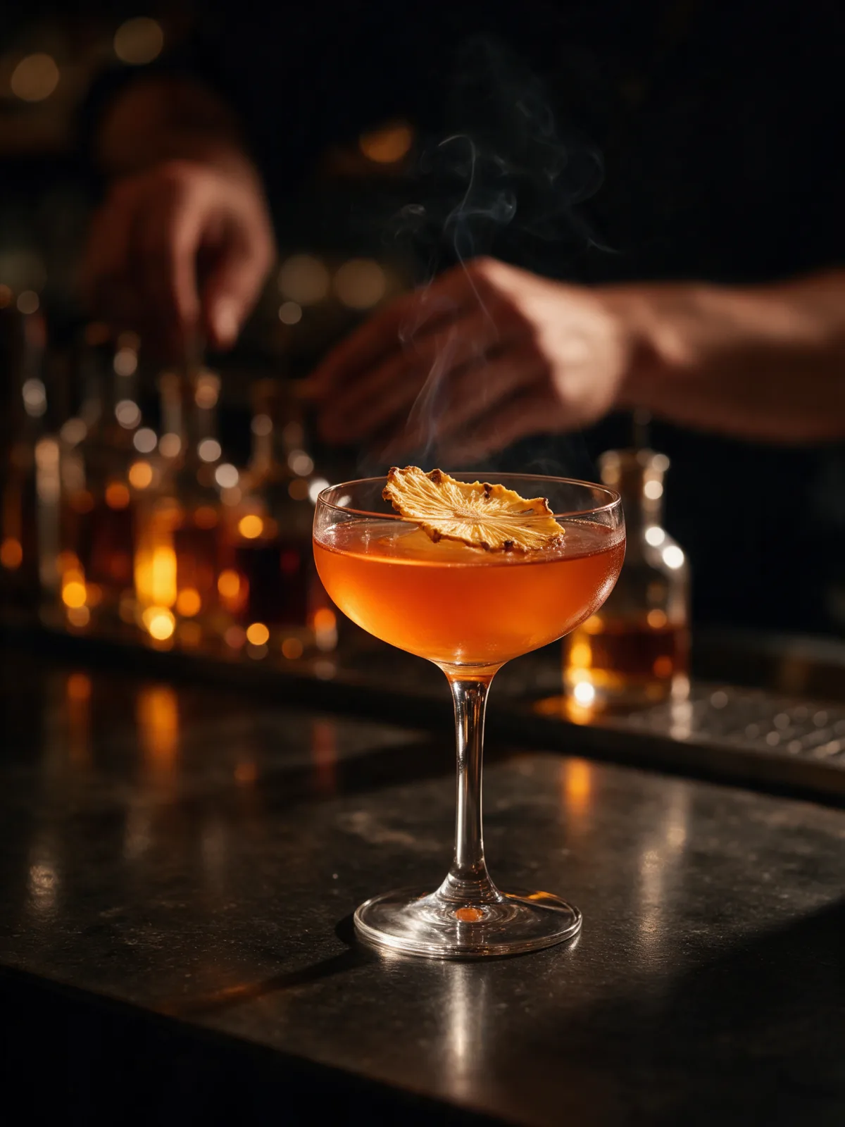 Coctel ámbar en copa de cristal sobre una barra de piedra oscura, con humo aromático y botellas iluminadas al fondo