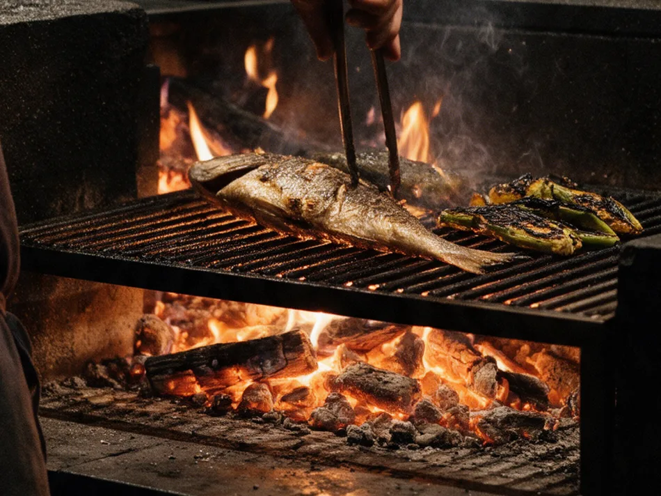 Pescado entero y ajíes asándose sobre la parrilla de leña, con brasas encendidas debajo