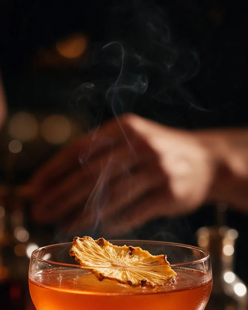 Coctel ámbar con una lámina de fruta deshidratada y una voluta de humo, con las manos del bartender desenfocadas al fondo