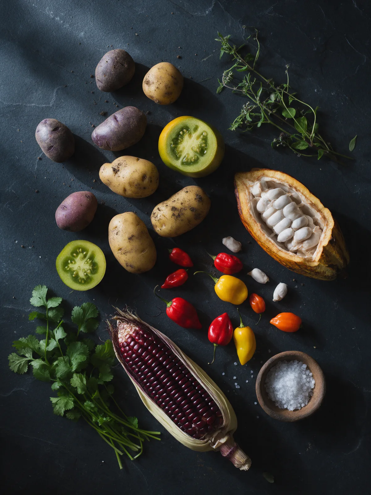 Bodegón visto desde arriba con papas nativas moradas y amarillas, lulos partidos, una mazorca de cacao abierta, ajíes, maíz morado, cilantro y sal marina sobre pizarra oscura