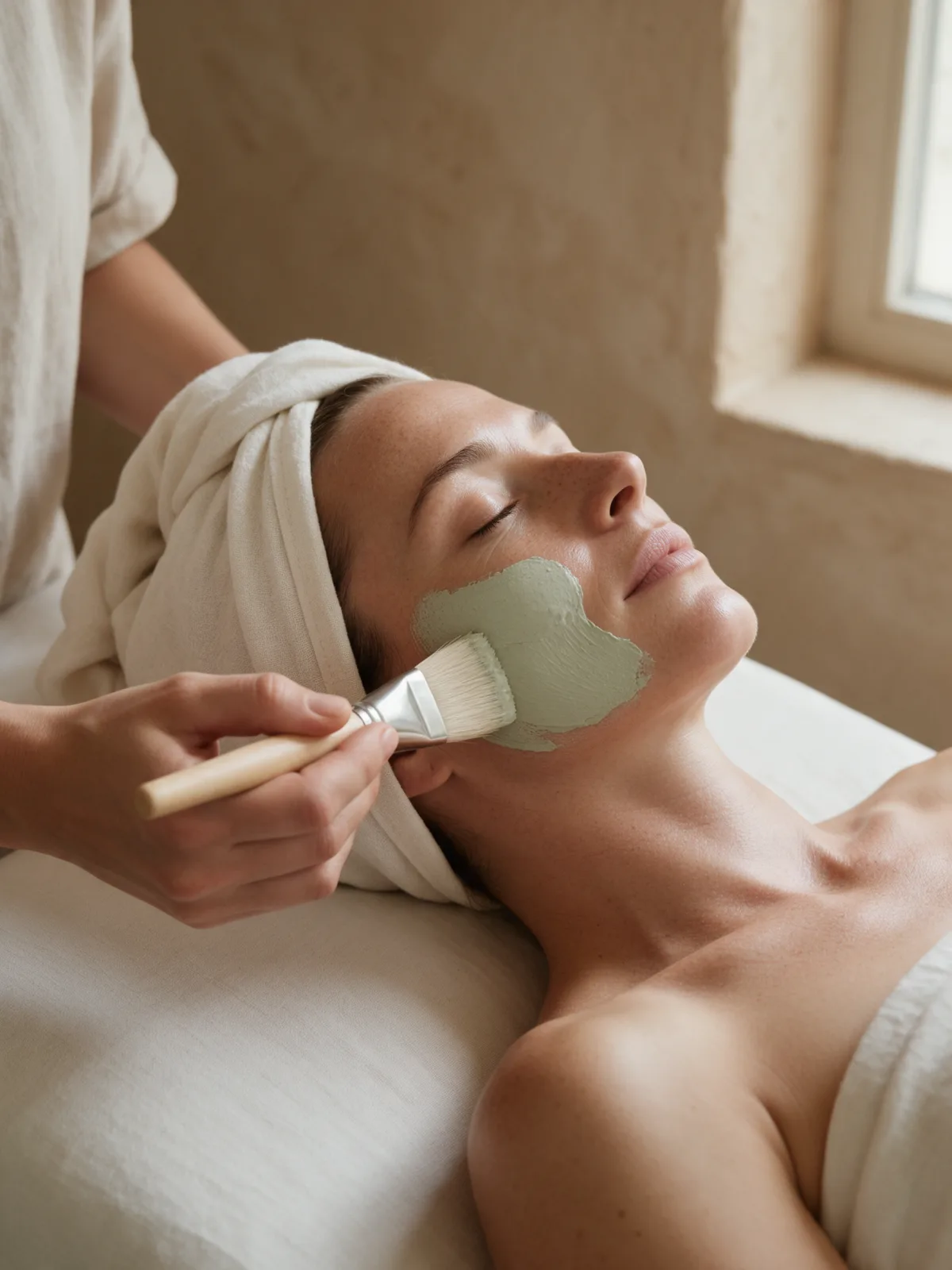Terapeuta aplica con brocha una mascarilla de arcilla verde en la mejilla de una mujer que descansa con los ojos cerrados y el cabello envuelto en una toalla de lino
