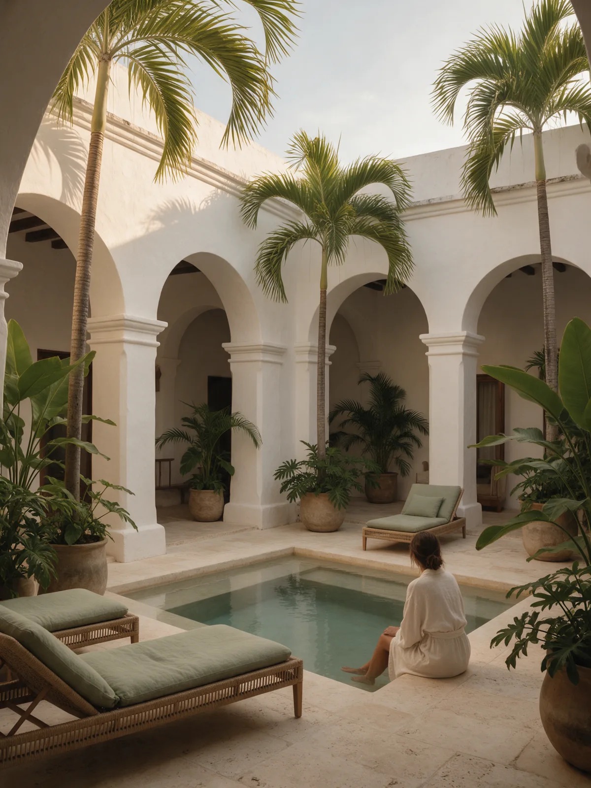 Patio interior con arcos encalados, palmas, tumbonas de ratán con cojines verde salvia y una mujer en bata de lino sentada al borde de la piscina de inmersión