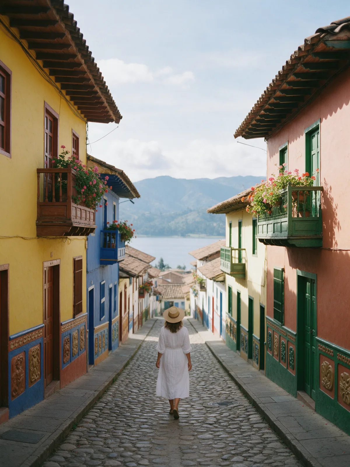 Mujer con vestido blanco y sombrero caminando por una calle empedrada entre casas de colores con balcones floridos, con el embalse y las montañas al fondo