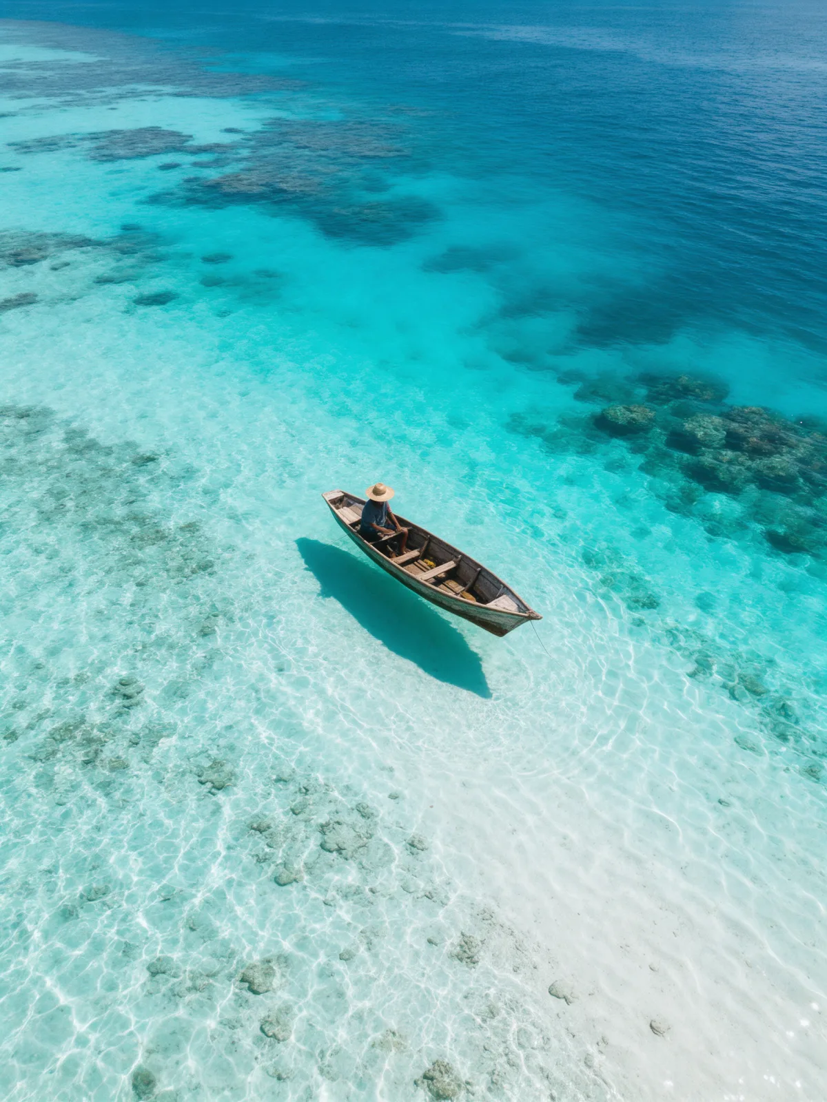 Vista aérea de una lancha de madera con una persona de sombrero sobre un mar transparente en franjas turquesa y azul profundo
